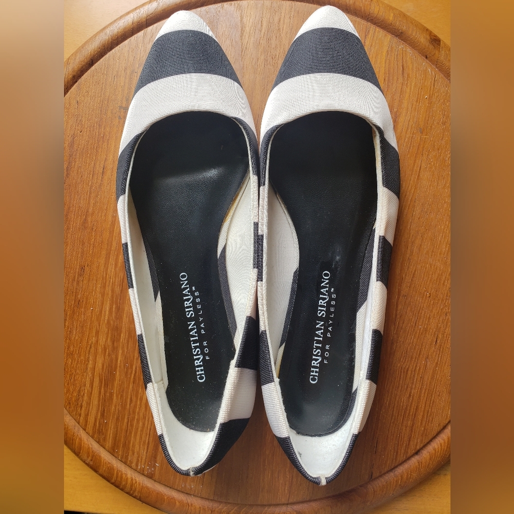 Christian Siriano, size 6, black/white horizontal stripe, pointed toe flats